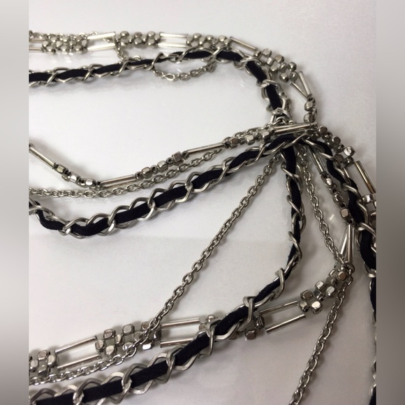 Multi-strand Silver Tone & Black Suede Ribbon Chain Necklace 37” - Picture 5 of 8